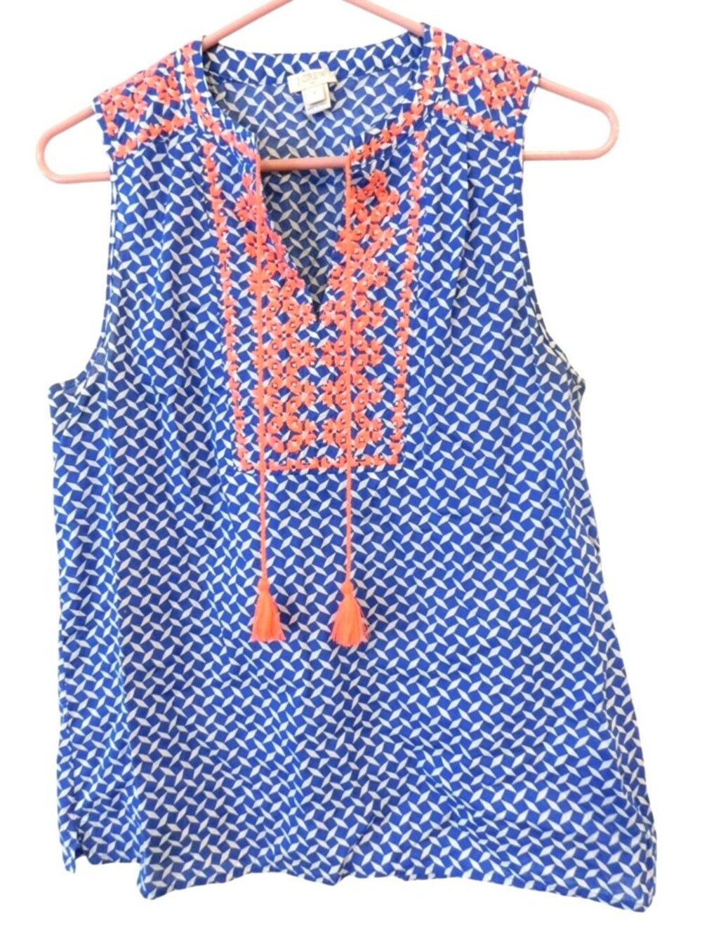 J. Crew Factory Womens Sz 6 Sleeveless Boho Tassel Tie Printed Top Blue